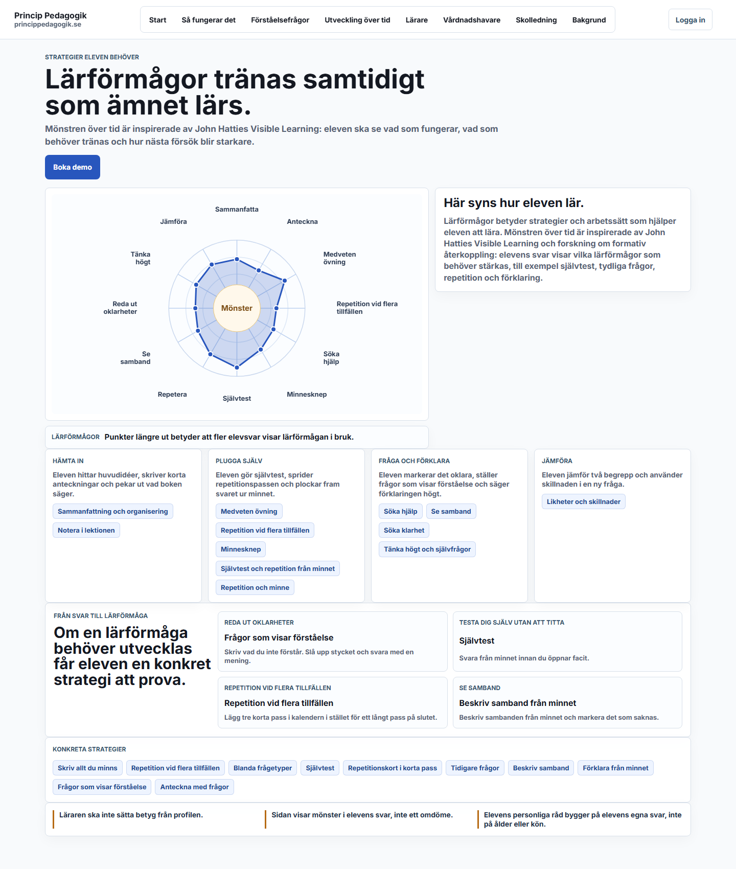 Produktvy med lärspindel för studietekniker och lärförmågor.